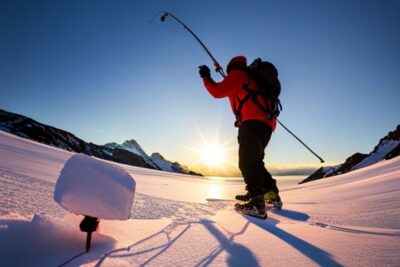 Pescador en hielo al amanecer mostrando la mejor manera perforar agujero hielo pescar