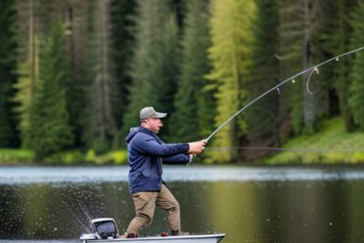 Pescador en bote practicando la mejor tecnica lanzamiento pesca salmon en un lago rodeado de pinos.