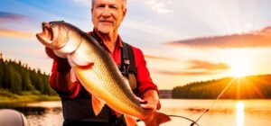 Pescador en bote mostrando una gran captura al atardecer, la mejor tecnica pesca pez rojo guia completa efectiva.