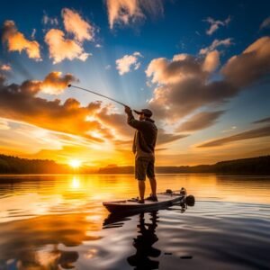 Un pescador con una caña de pescar lanzando su línea al agua mientras el sol se pone en el horizonte
