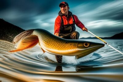 Un pescador experto sosteniendo un lucio gigante mientras muestra su señuelo y sonríe con orgullo