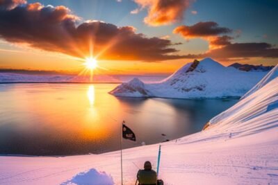 Un pescador en un lago congelado