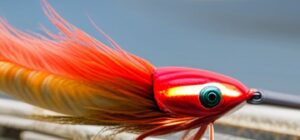 Mosca artificial roja y naranja sobre remos y agua evocando las especies mas coloridas pesca mosca agua salada