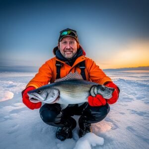 Una foto de un pescador sosteniendo un enorme pez en medio de un paisaje congelado de aguas saladas