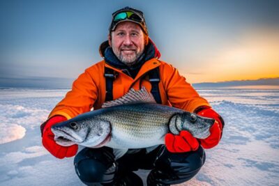 Pescador sonriente sostiene un gran pez sobre una banquisa nevada, ejemplo de las especies mas grandes pesca hielo aguas saladas