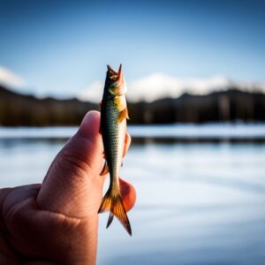Mano sosteniendo un pez pequeño sobre agua tranquila, ejemplo de las especies mas pequenas pesca hielo aguas dulces.