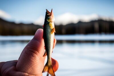 Mano sosteniendo un pez pequeño sobre agua tranquila, ejemplo de las especies mas pequenas pesca hielo aguas dulces.