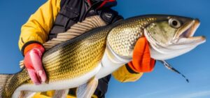 Pescador con guantes y ropa de invierno sostiene una gran captura sobre el hielo mostrando las especies mas populares pesca hielo.
