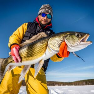Pescador con guantes y ropa de invierno sostiene una gran captura sobre el hielo mostrando las especies mas populares pesca hielo.