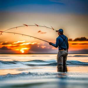 Pescador en vadeo al atardecer lanzando con las mejores canas respaldo pesca mosca agua salada.