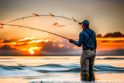 Pescador en vadeo al atardecer lanzando con las mejores canas respaldo pesca mosca agua salada.