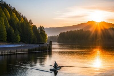 Pescador en bote al amanecer sobre un lago tranquilo reflejando el sol, ilustrando las mejores horas del dia para pescar lubina consejos y tecnicas