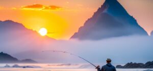 Pescador arrodillado en la orilla al amanecer con caña larga y reflejo en el agua que evoca las mejores practicas pesca sostenible