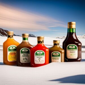 Cinco botellas de salsas coloridas sobre la nieve, las mejores salsas acompanar pescado pesca hielo