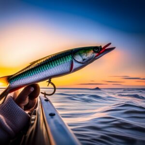 Mano sosteniendo un señuelo realista sobre el mar al atardecer mostrando las moscas efectivas pesca jurel agua salada.