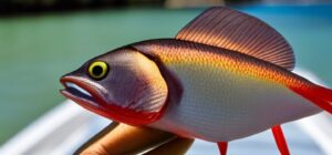 Mano sosteniendo un pequeño pez o señuelo de colores vivos sobre la cubierta de un bote en aguas turquesas, las moscas mas efectivas para pargo en agua salada guia completa
