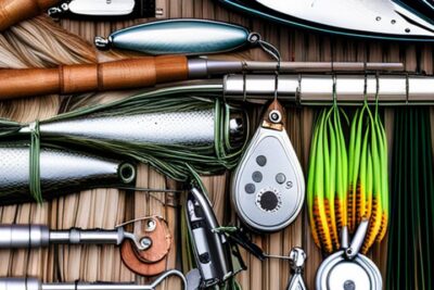 Conjunto ordenado de señuelos, cucharillas y aparejos para aplicar las tecnicas de pesca mas efectivas para el bass.