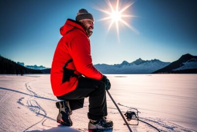 Hombre sentado en lago helado con equipo de pesca sobre el hielo, licencia pesca hielo obtenerla facilmente