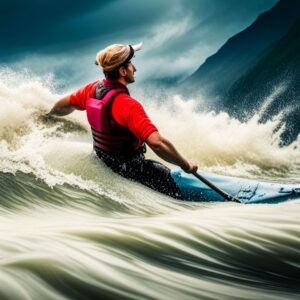 Kayakista con chaleco rojo y pala surcando olas turbulentas, lidiar con corrientes fuertes kayak consejos tecnicas