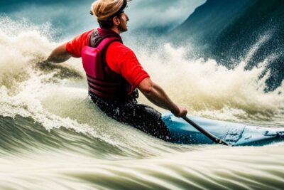Kayakista con chaleco rojo y pala surcando olas turbulentas, lidiar con corrientes fuertes kayak consejos tecnicas