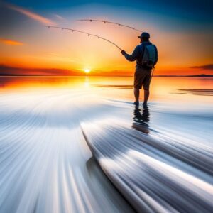 Pescador en agua poco profunda al atardecer con linea hundimiento pesca mosca agua salada