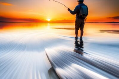 Pescador en agua poco profunda al atardecer con linea hundimiento pesca mosca agua salada