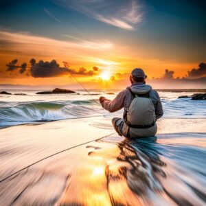 Pescador sentado en la playa lanzando la caña hacia el mar al atardecer con linea hundimiento super lento pesca mosca agua salada