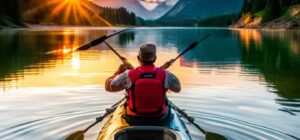 Remero en kayak al amanecer con chaleco, remo y bungee en cubierta ilustrando los accesorios esenciales pesca kayak guia completa.