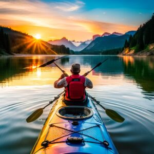 Remero en kayak al amanecer con chaleco, remo y bungee en cubierta ilustrando los accesorios esenciales pesca kayak guia completa.