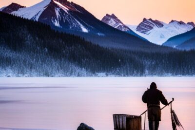Un pescador solitario en un lago helado al amanecer que evoca los aspectos historicos interesantes pesca hielo.