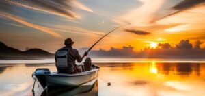 Pescador en pequeño bote al amanecer/atardecer practicando pesca con mosca en aguas tranquilas, evocando los destinos pesca mosca agua salada populares