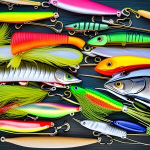 Varios señuelos coloridos con acabados metálicos, plumas y anzuelos triples dispuestos sobre fondo oscuro, los mejores colores senuelos pescar truchas guia completa