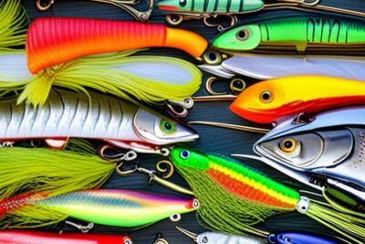 Varios señuelos coloridos con acabados metálicos, plumas y anzuelos triples dispuestos sobre fondo oscuro, los mejores colores senuelos pescar truchas guia completa