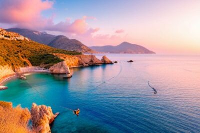 Panorámica de calas rocosas y aguas turquesa al atardecer que evocan los mejores destinos pesca mosca mediterraneo