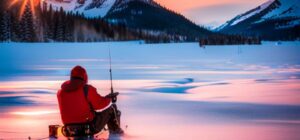 Pescador sentado sobre un lago helado con caña, silla y trineo al atardecer, los mejores equipos pesca hielo guia completa