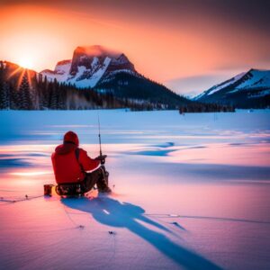 Pescador sentado sobre un lago helado con caña, silla y trineo al atardecer, los mejores equipos pesca hielo guia completa