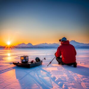 Pescador sentado en hielo al amanecer con equipo sobre un trineo y los mejores flotadores pesca hielo guia completa