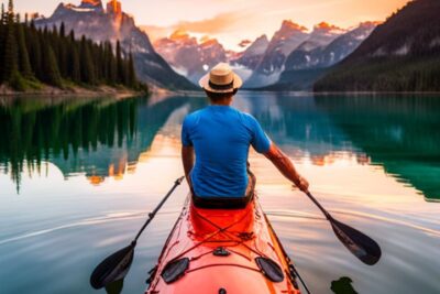 Persona en kayak rojo remando en un lago de montaña al atardecer, ideal para los mejores kayaks de pesca para principiantes.