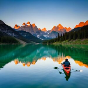 Kayakista remando en aguas turquesa frente a montañas reflejadas al amanecer, ideal para los mejores lagos pesca kayak guia consejos