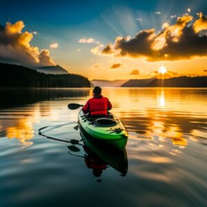 Remero en kayak verde al amanecer sobre agua calma con un paisaje de montañas y reflejos dorados, los mejores lubricantes kayak pesca