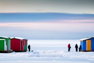 Cabañas coloridas y pescadores sobre un lago helado en uno de los mejores lugares para pescar en hielo.