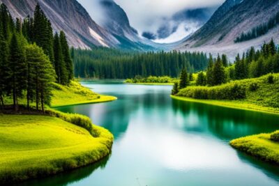 Lago montañoso con aguas verdes y pescador en bote, evocando los mejores lugares para pescar lubina.