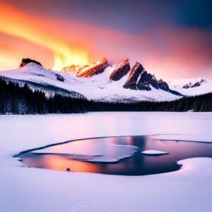Lago helado con un agujero de agua y montañas nevadas al atardecer, ideal para los mejores lugares para practicar pesca en hielo