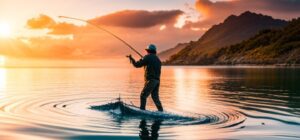 Pescador en aguas poco profundas al atardecer evoca los mejores lugares pesca senuelos artificiales atun.