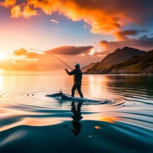 Pescador en aguas poco profundas al atardecer evoca los mejores lugares pesca senuelos artificiales atun.