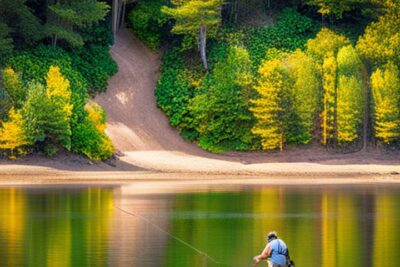 Pescador vadeando en aguas tranquilas junto a una orilla arbolada, ejemplo de los mejores lugares pescar bass orilla