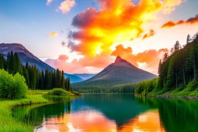 Lago de montaña sereno al atardecer con reflejos naranjas y pinos, evocando los mejores lugares pescar truchas lagos montana.