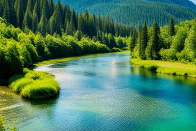 Río serpenteante de aguas turquesa entre bosques de coníferas, imagen de los mejores lugares pescar truchas rios.