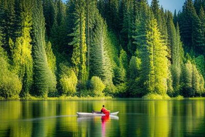 Kayakista solitario remando en un lago espejo frente a un bosque de coníferas, ejemplo de los mejores lugares seguros pesca kayak.