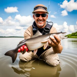 Hombre sonriente sostiene un siluro en aguas poco profundas, los mejores rios pescar senuelos artificiales siluro